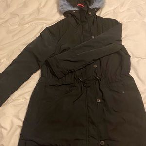 Black winter coat with fuzzy blue hood